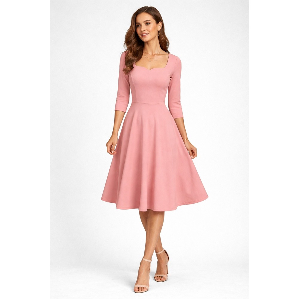 Dressystar Pink Fit‎ Flare Dress XS Square Neck 3/4 Sleeve Midi